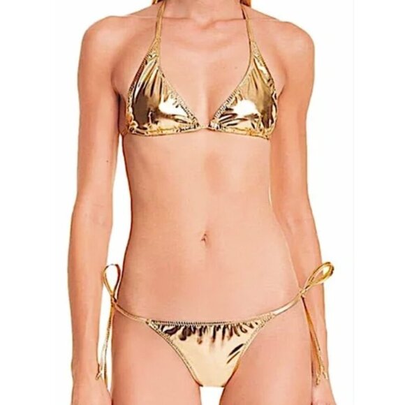 Lisa Marie Fernandez Metallic Gold Triangle Halter String Bikini  NWT - Picture 1 of 7